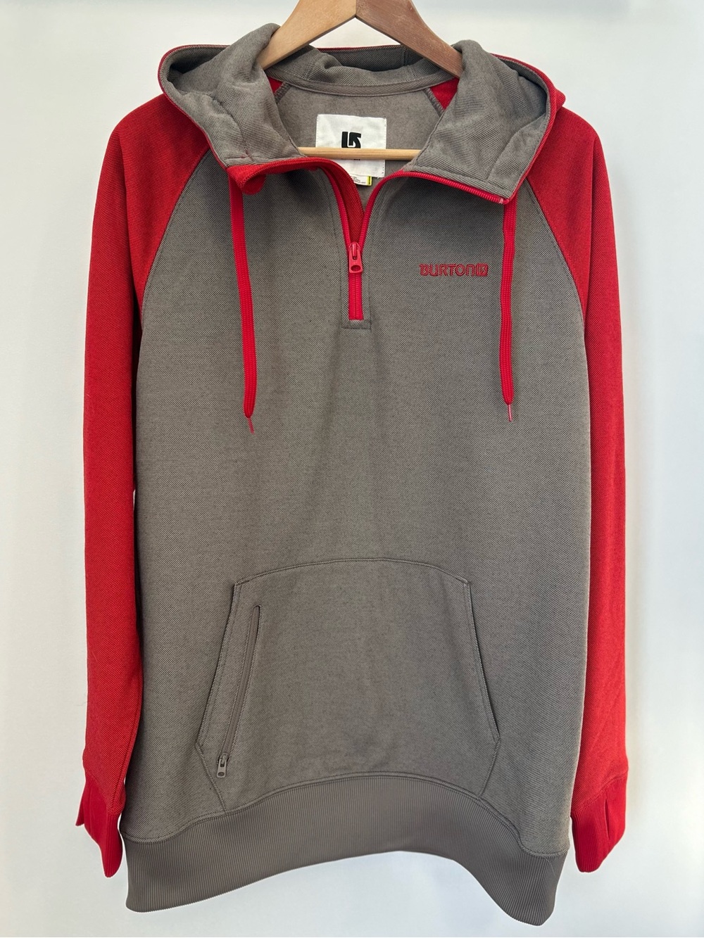 Burton MB Totem Hoodie Mens Small Red Grey Quarter Zip Fleece Pullover Snowboard